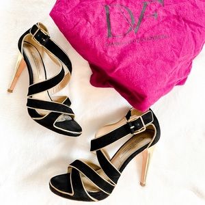 Diane Von Furstenburg Black and Gold Suede Strappy Heels